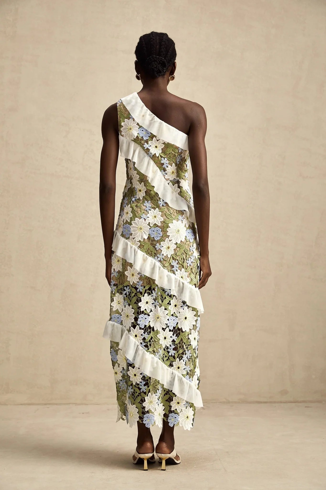 Mallory Midi Dress Green Multicolor Floral Embroidery Ruffle Detailing