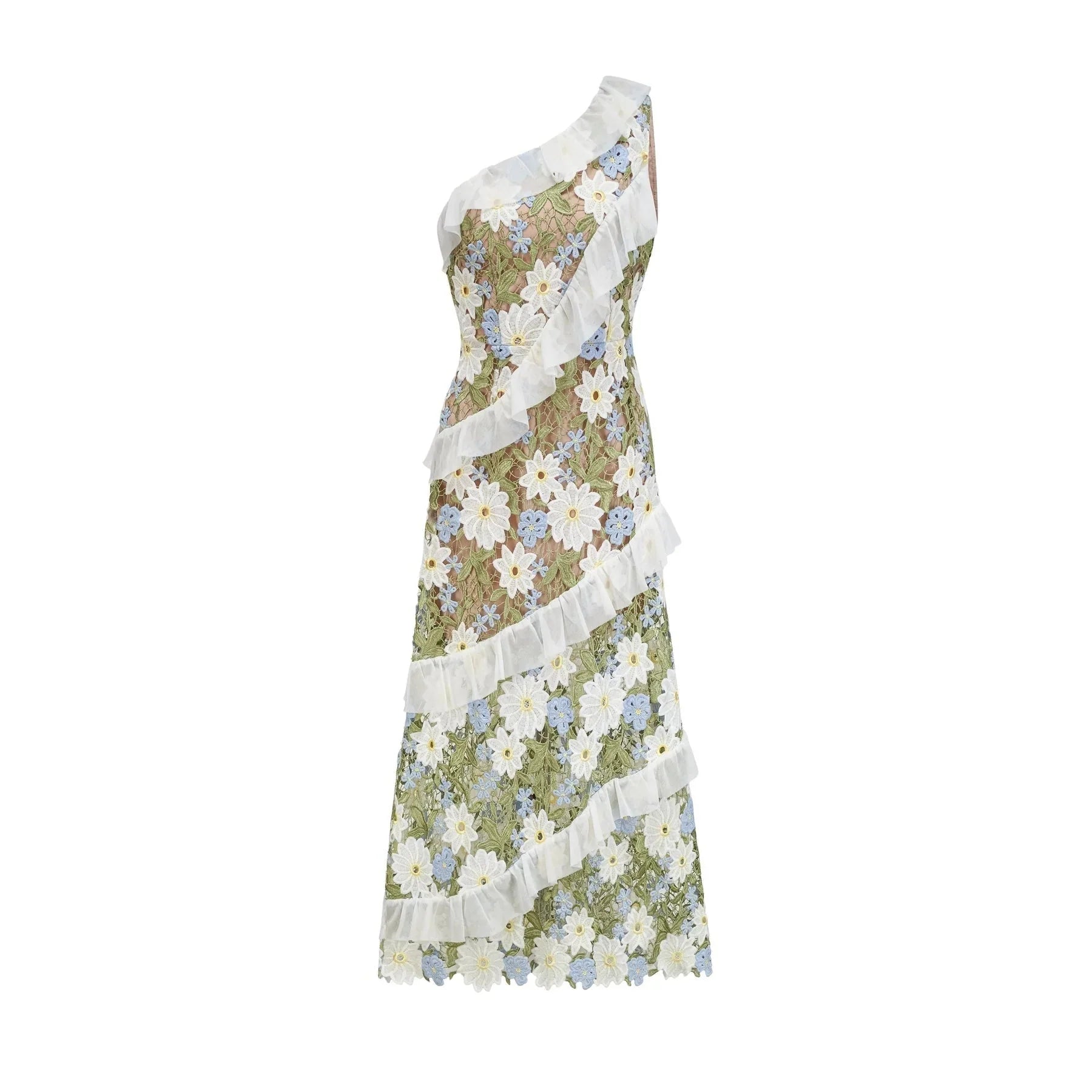 Mallory Midi Dress Green Multicolor Floral Embroidery Ruffle Detailing