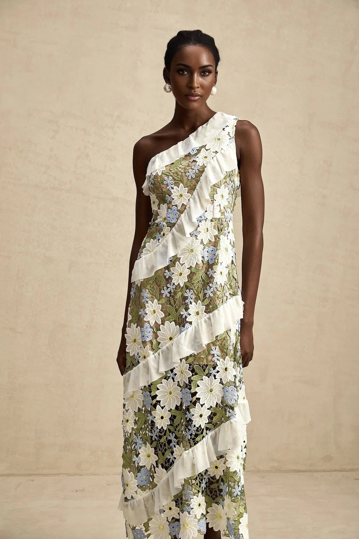 Mallory Midi Dress Green Multicolor Floral Embroidery Ruffle Detailing