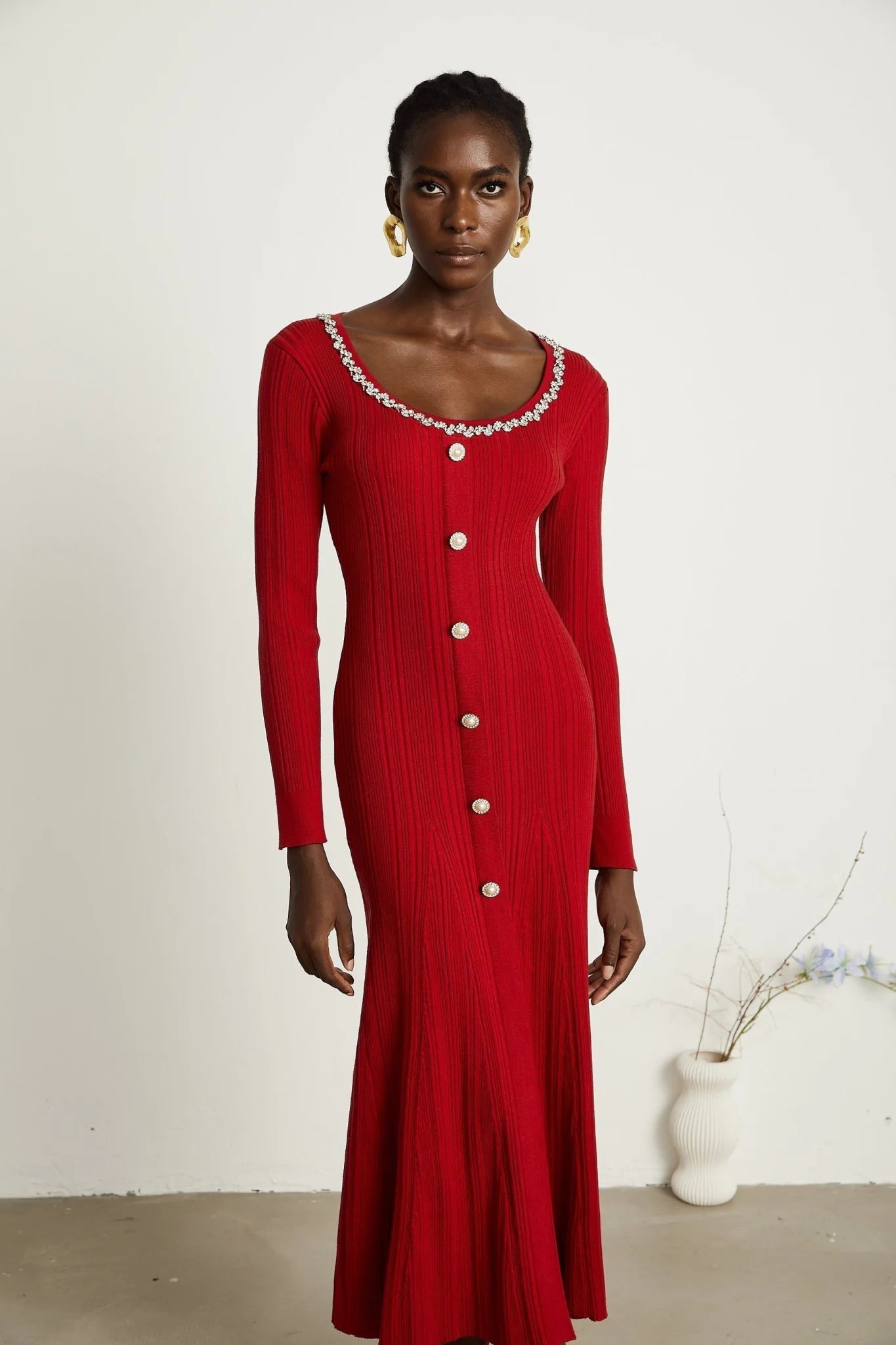 Mallory Midi Dress Red Crystal Embellished Scoop Neck