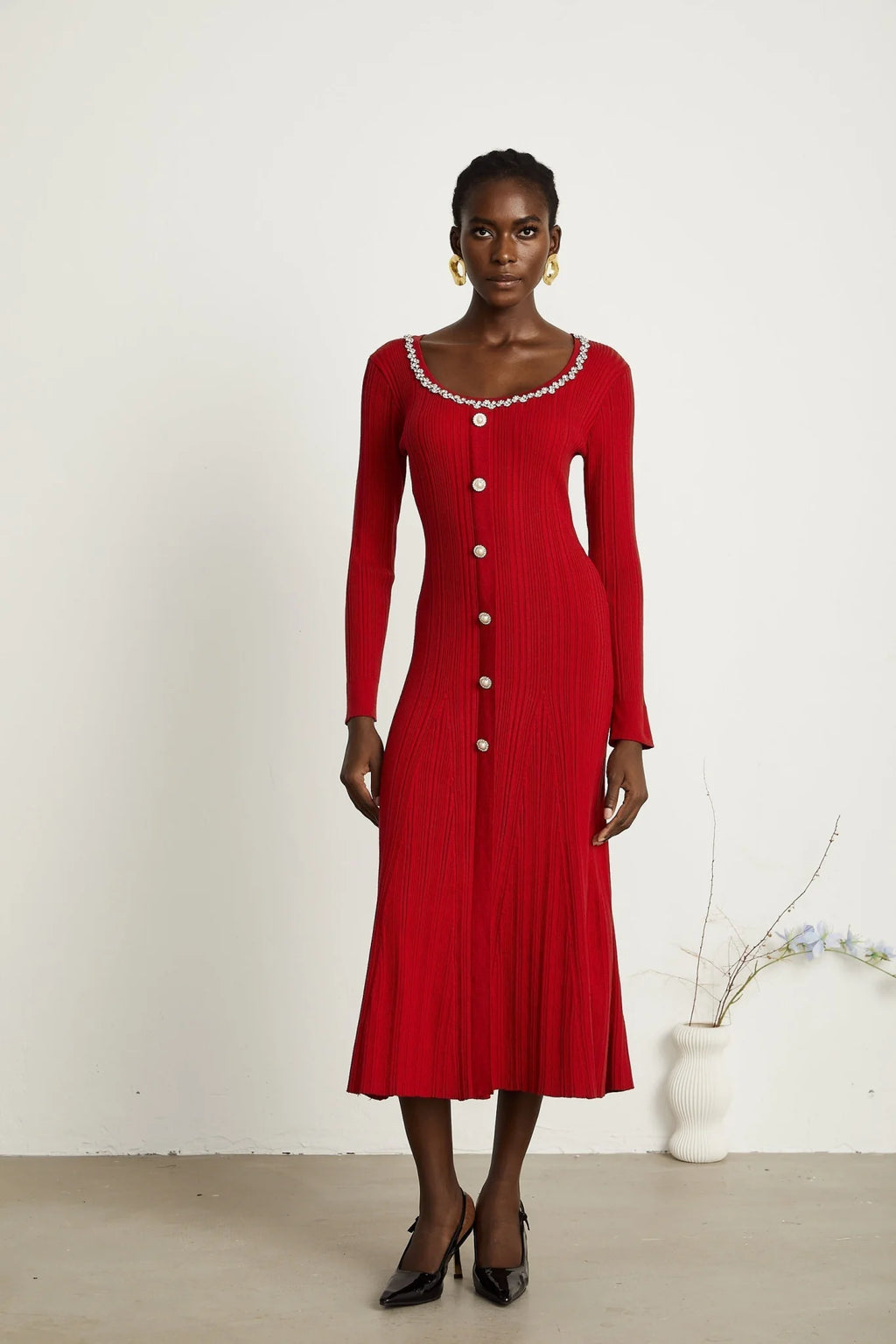 Mallory Midi Dress Red Crystal Embellished Scoop Neck