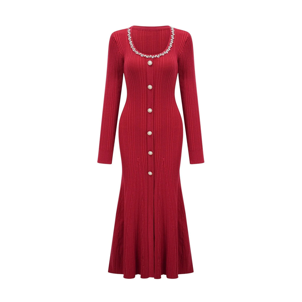 Mallory Midi Dress Red Crystal Embellished Scoop Neck