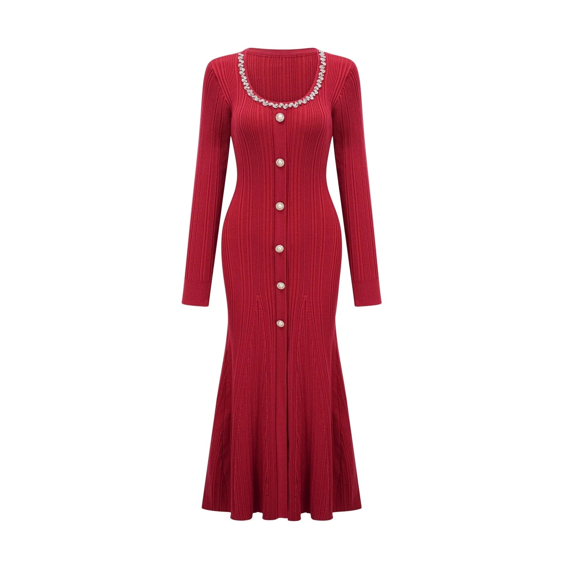 Mallory Midi Dress Red Crystal Embellished Scoop Neck