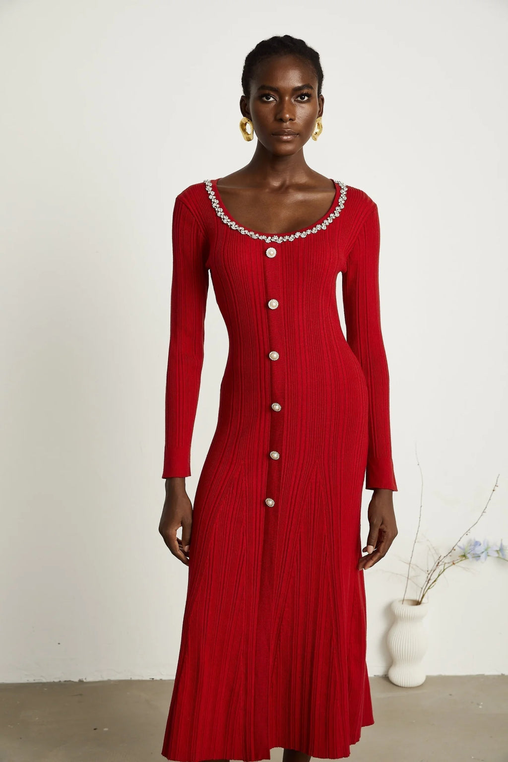 Mallory Midi Dress Red Crystal Embellished Scoop Neck
