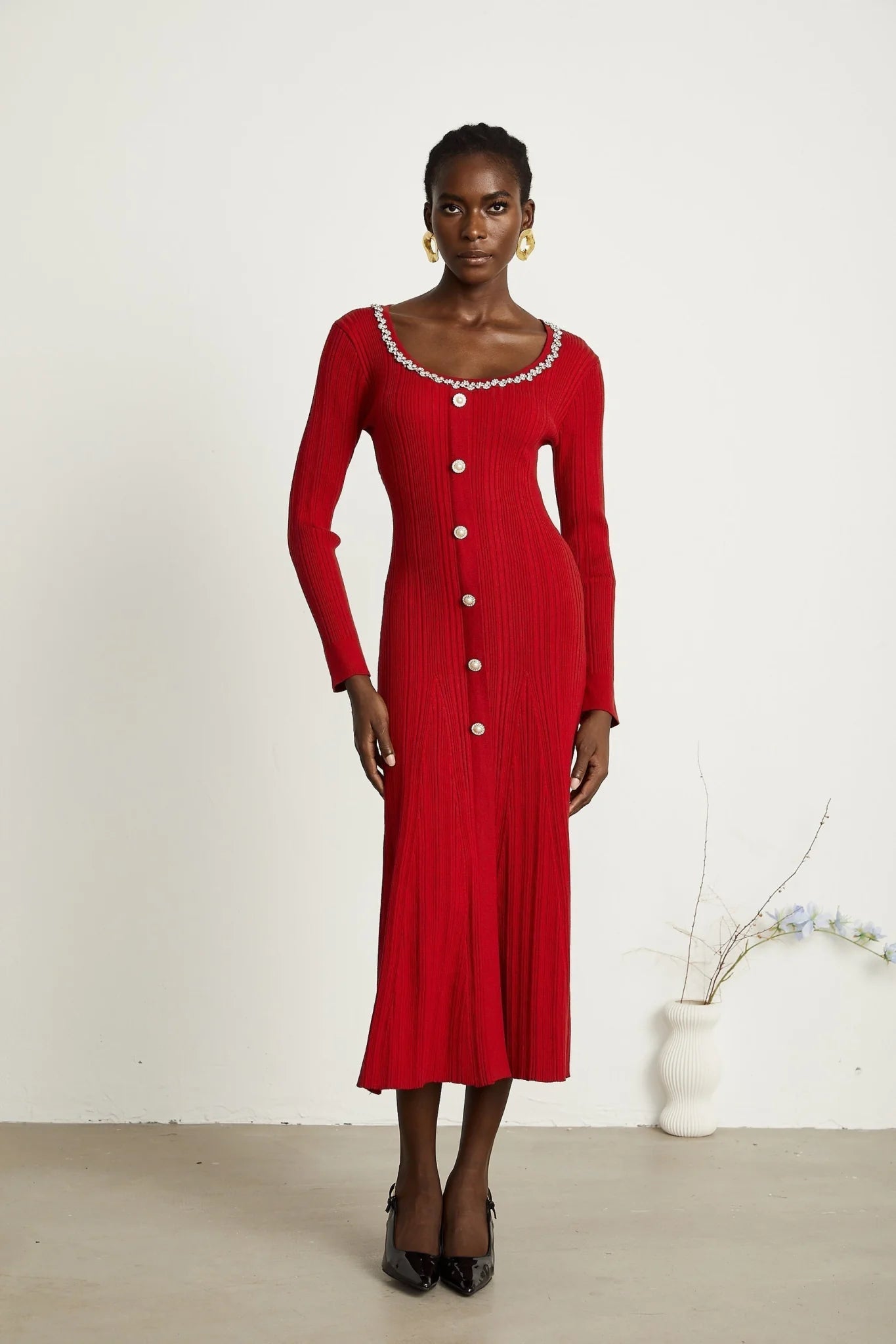 Mallory Midi Dress Red Crystal Embellished Scoop Neck