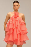 Mallory Pink Ruffled Mini Dress with Flower Detail