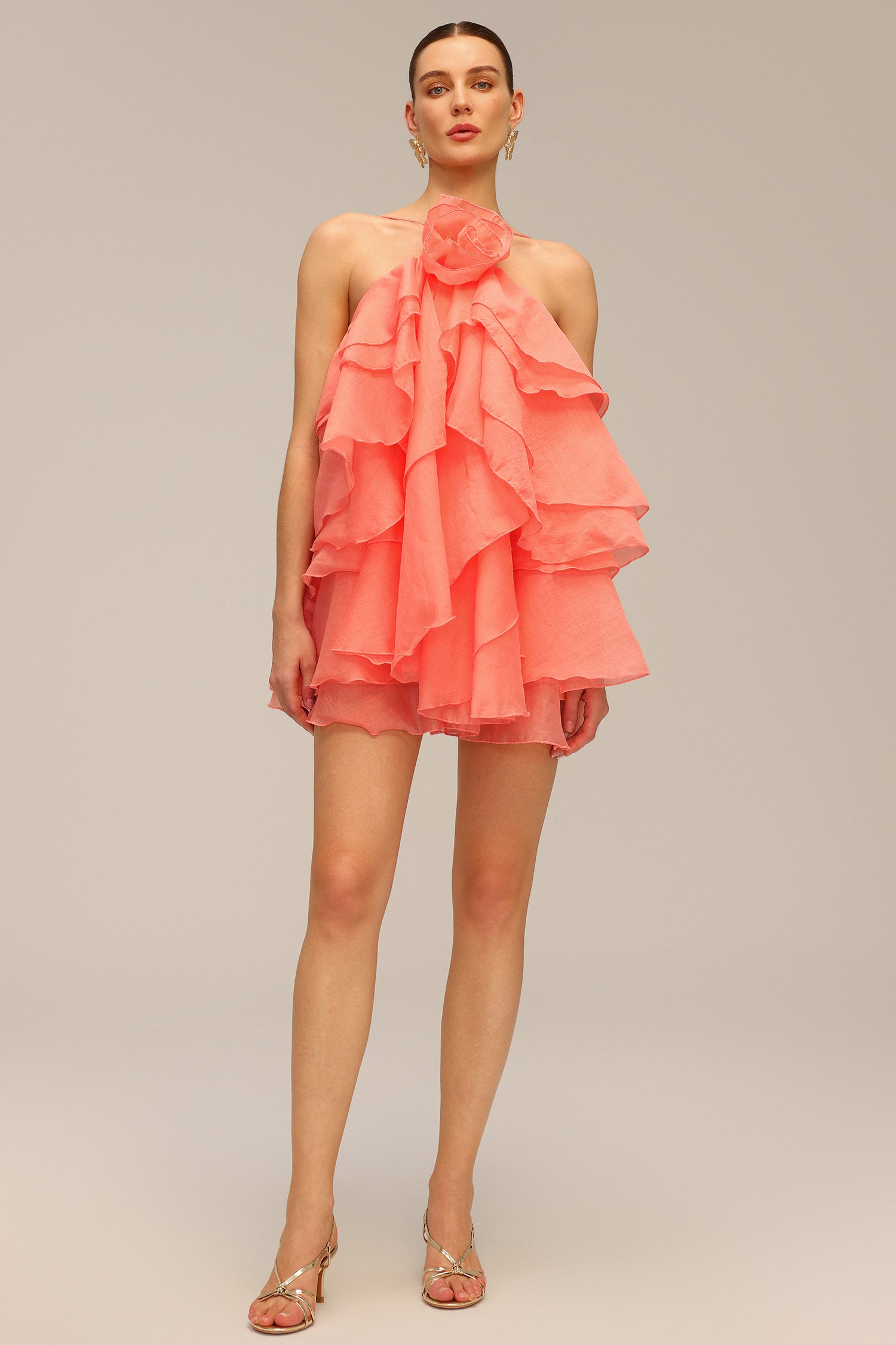 Mallory Pink Ruffled Mini Dress with Flower Detail