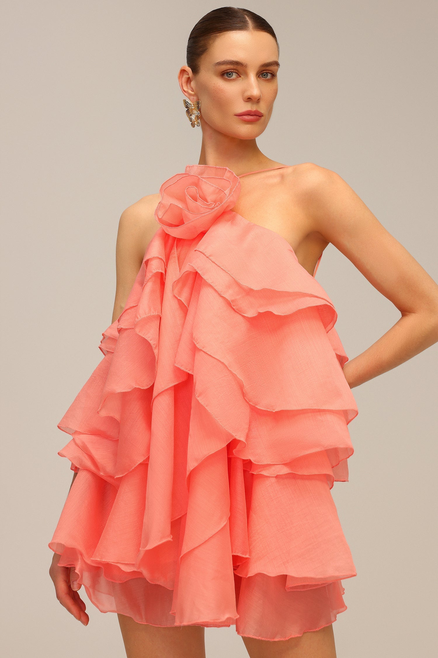 Mallory Pink Ruffled Mini Dress with Flower Detail