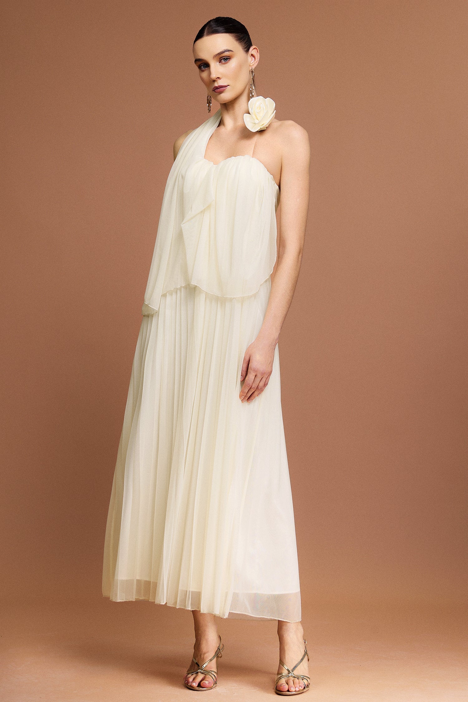 Margaret Ivory Strapless Pleated Dress with Delicate Folded Design