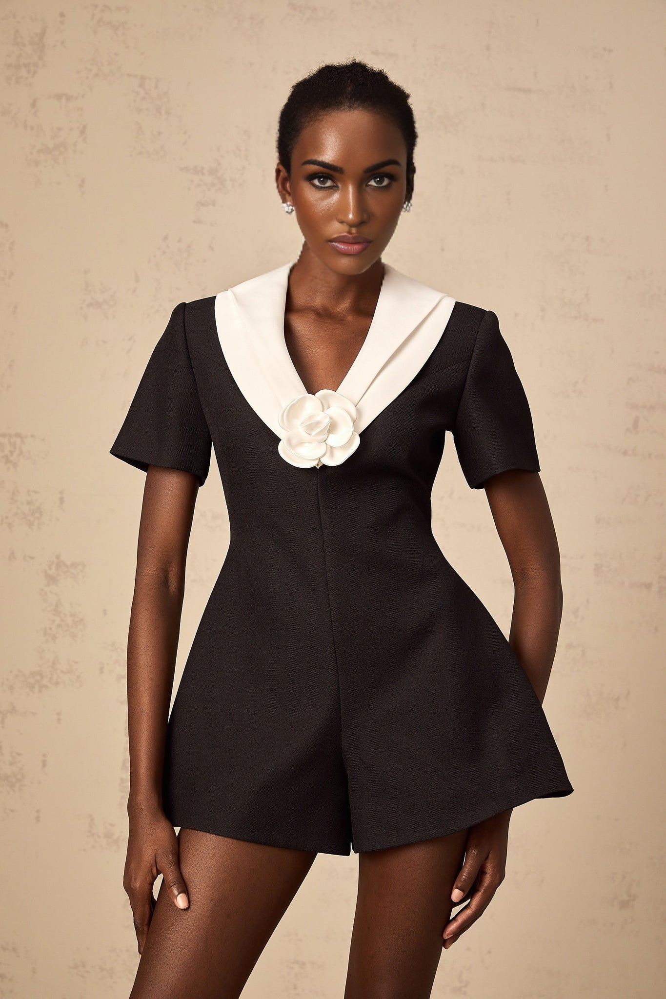 Margaret Jumpsuit Colorblocked Floral Applique Black & White