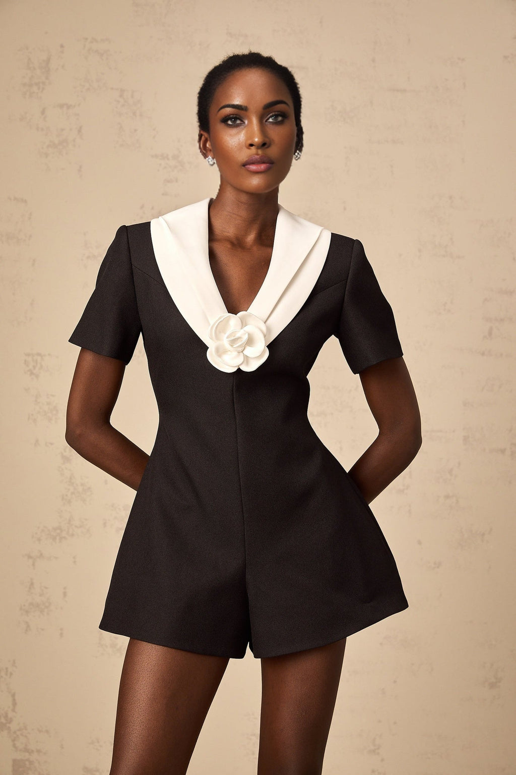 Margaret Jumpsuit Colorblocked Floral Applique Black & White