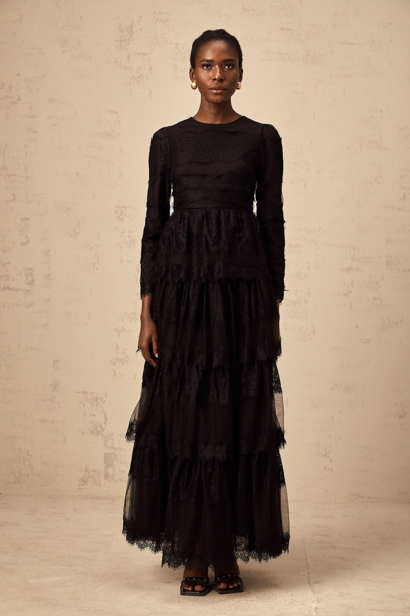 Margaret Maxi Dress Black Guipure Lace & Tulle Tiered Long Sleeve