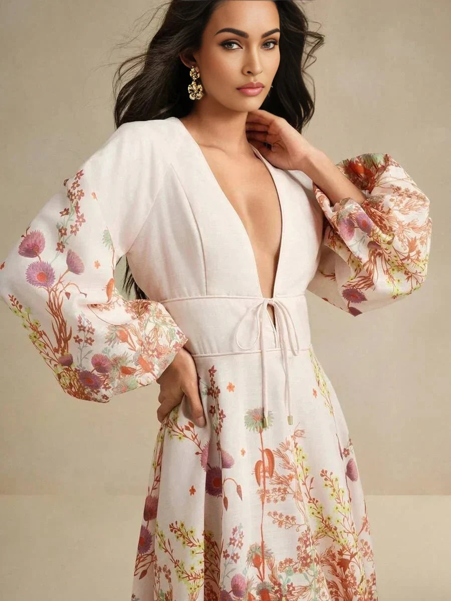 Margaret Midi Dress - Deep V Neck - Bishop Sleeve - High Waist - Floral Print - Boho Style