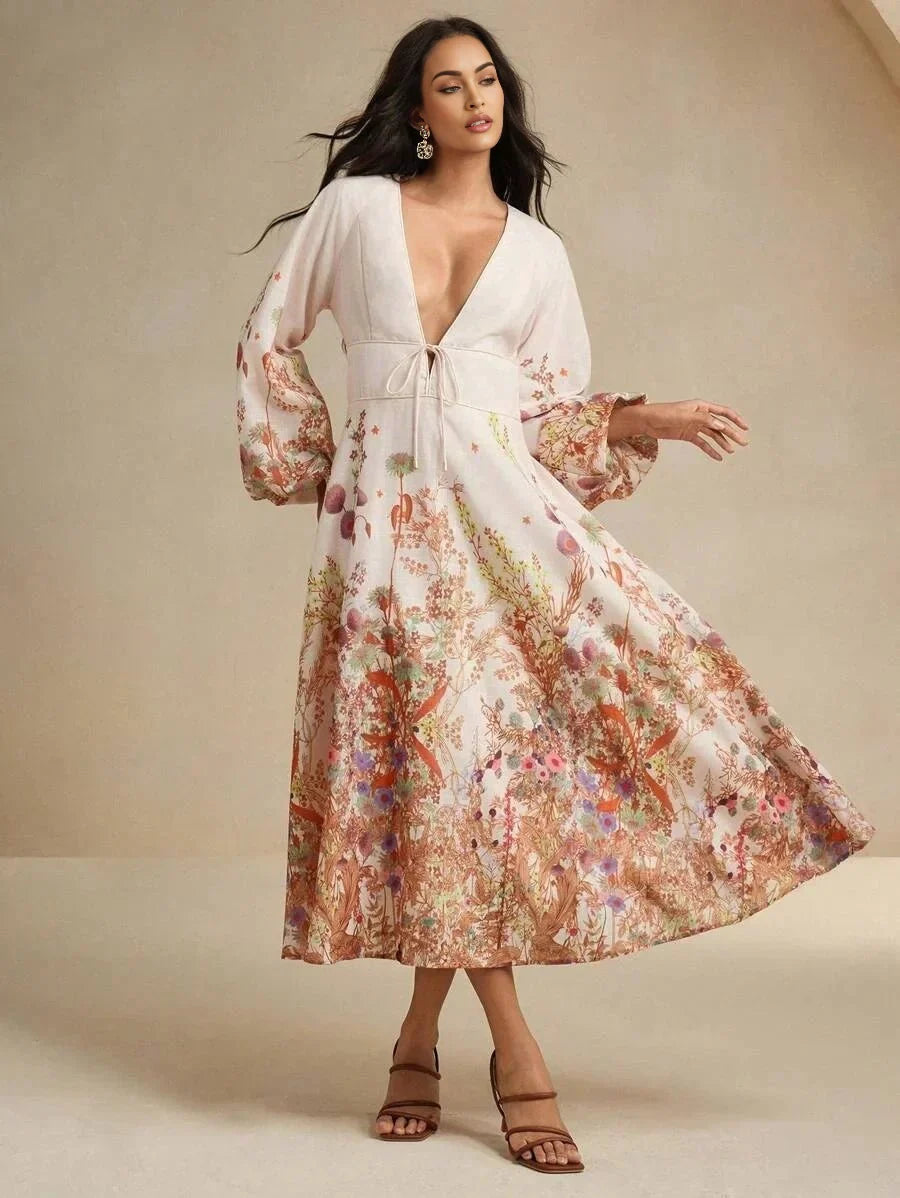 Margaret Midi Dress - Deep V Neck - Bishop Sleeve - High Waist - Floral Print - Boho Style