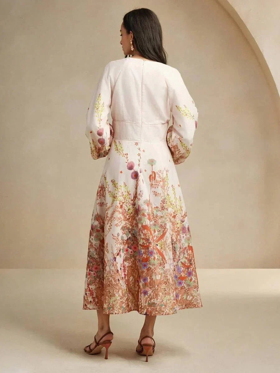 Margaret Midi Dress - Deep V Neck - Bishop Sleeve - High Waist - Floral Print - Boho Style