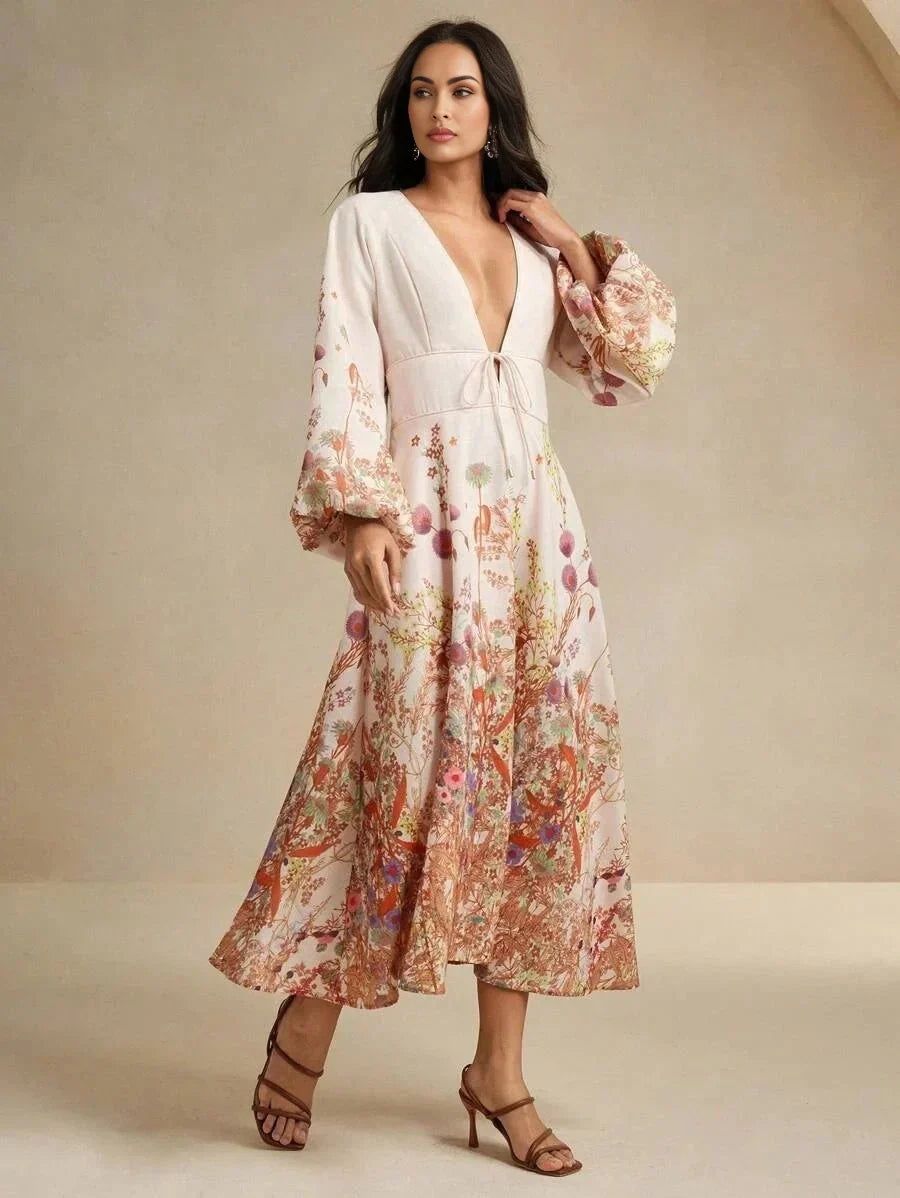 Margaret Midi Dress - Deep V Neck - Bishop Sleeve - High Waist - Floral Print - Boho Style