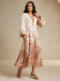Margaret Midi Dress - Deep V Neck - Bishop Sleeve - High Waist - Floral Print - Boho Style