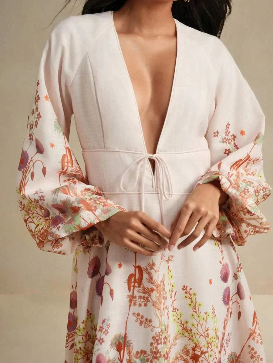Margaret Midi Dress - Deep V Neck - Bishop Sleeve - High Waist - Floral Print - Boho Style