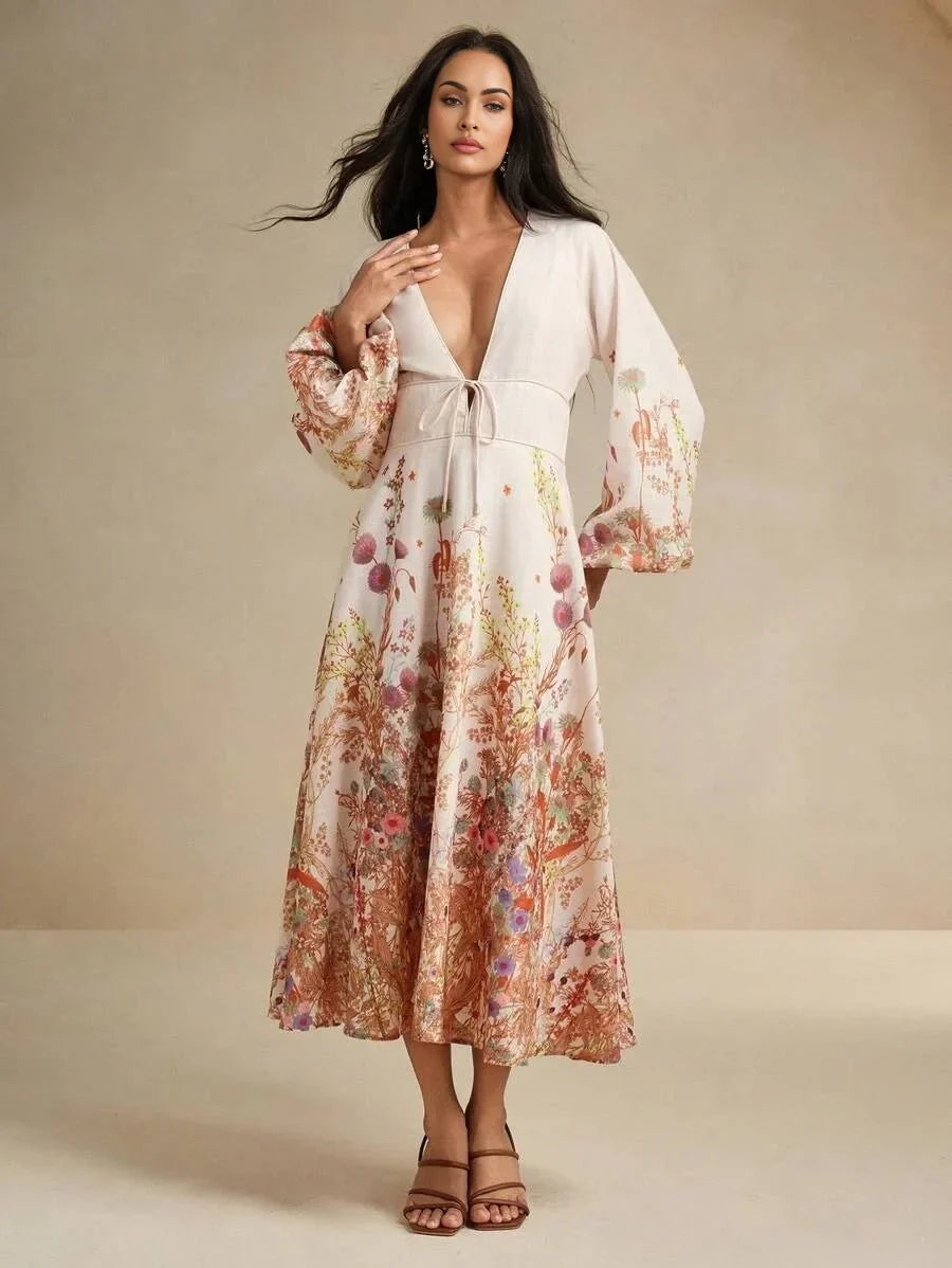 Margaret Midi Dress - Deep V Neck - Bishop Sleeve - High Waist - Floral Print - Boho Style