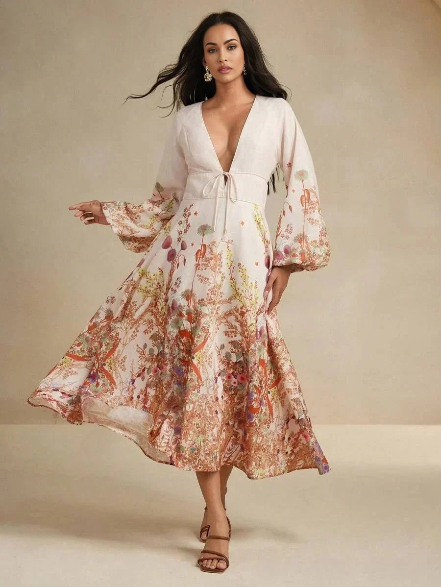 Margaret Midi Dress - Deep V Neck - Bishop Sleeve - High Waist - Floral Print - Boho Style