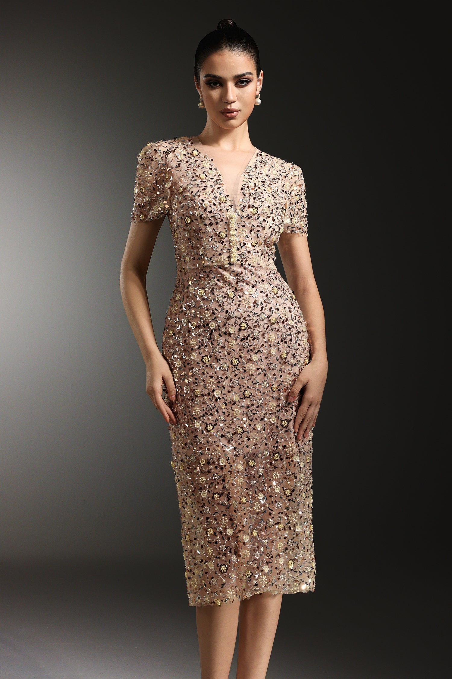 Margherita Beige Embellished V-Neckline Dress Short Sleeves Elegant Silhouette Special Occasion Fitted Waist Fashion-Forward Chic Accessories Radiant Confidence