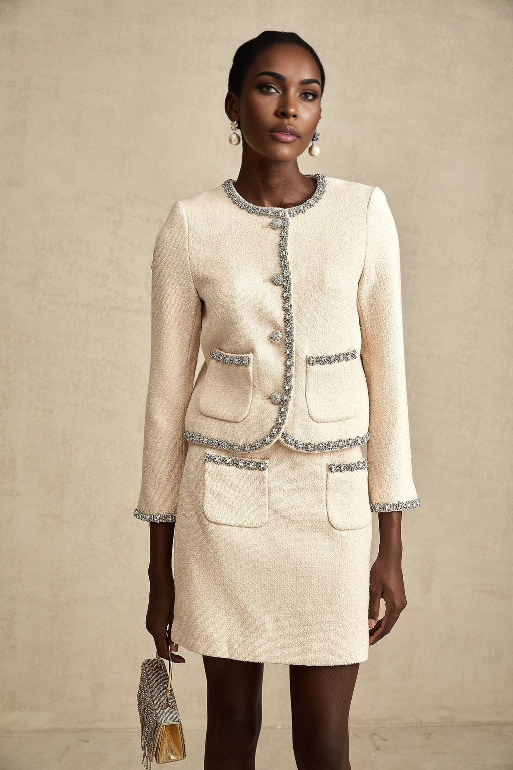 Margherita Cardigan & Skirt Beige Crystal Tweed Set