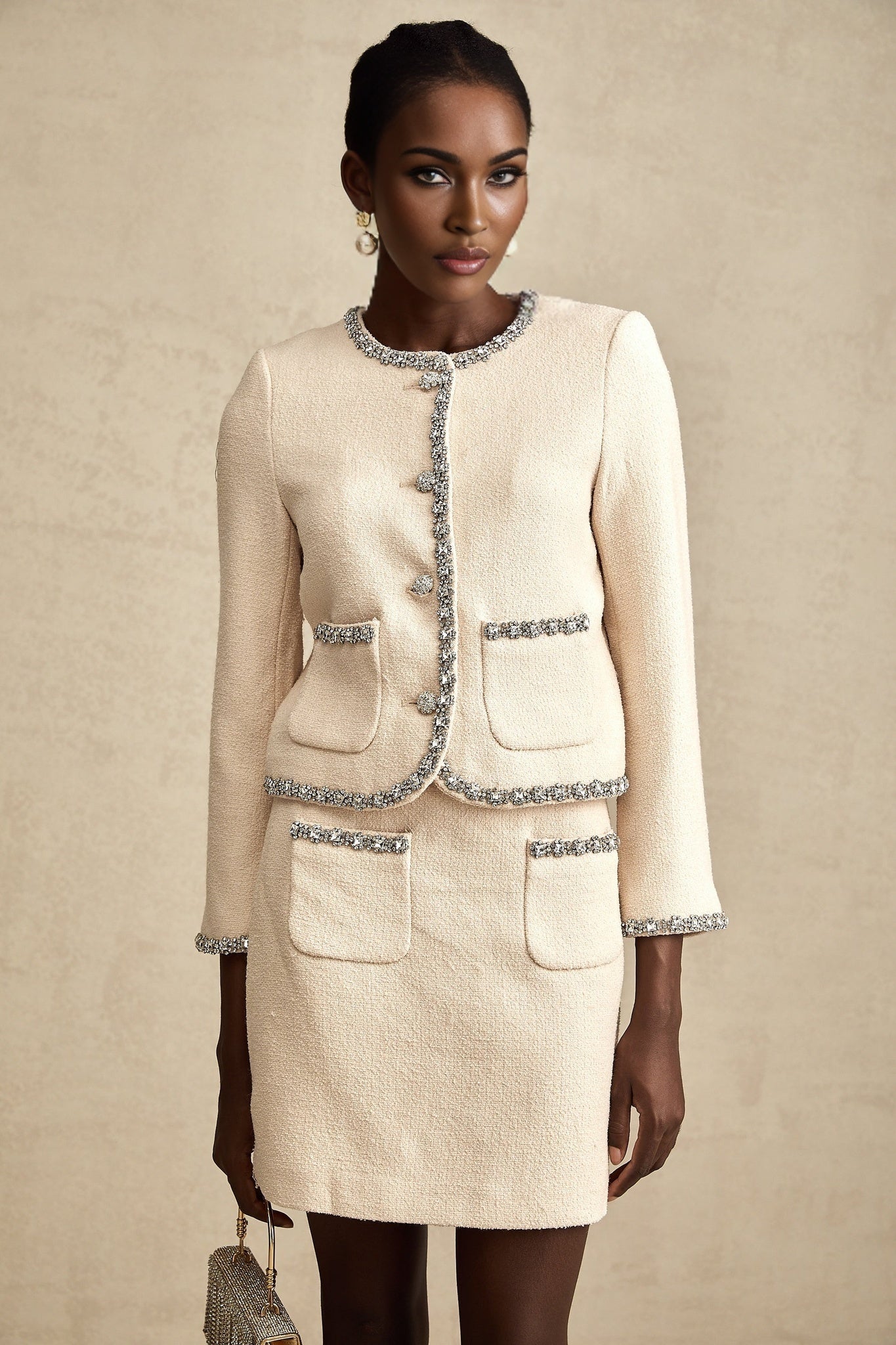 Margherita Cardigan & Skirt Beige Crystal Tweed Set