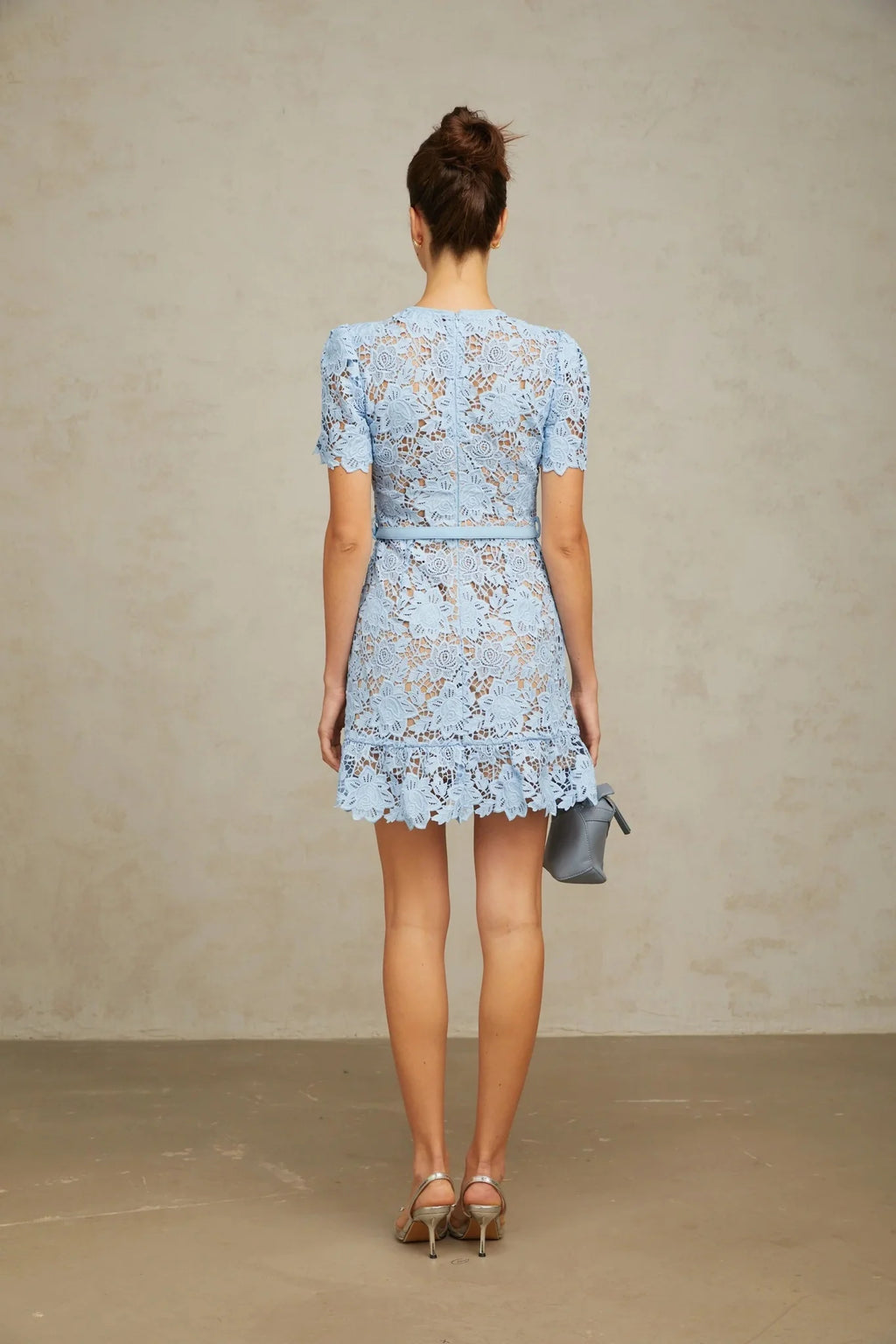 Margherita Mini Dress Blue Floral Appliqu Ruffled & Belted