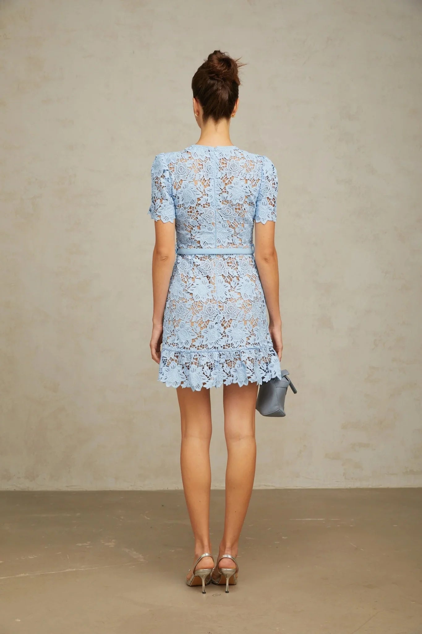 Margherita Mini Dress Blue Floral Appliqu Ruffled & Belted