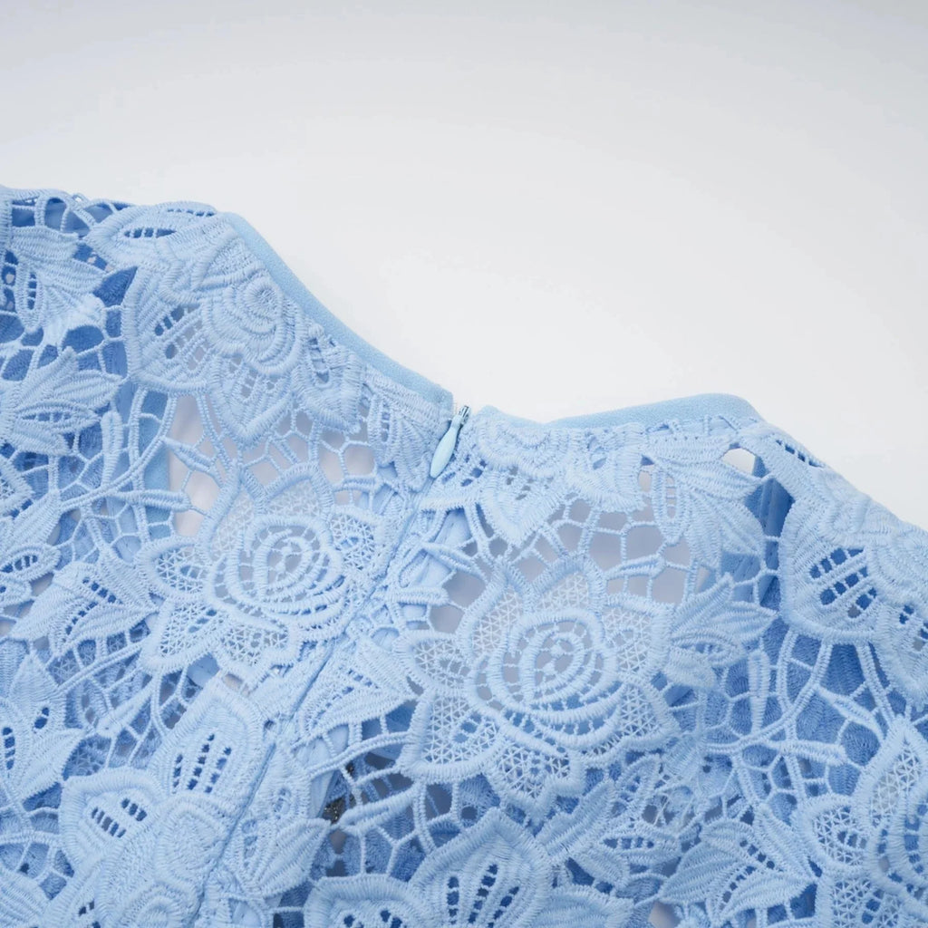 Margherita Mini Dress Blue Floral Appliqu Ruffled & Belted