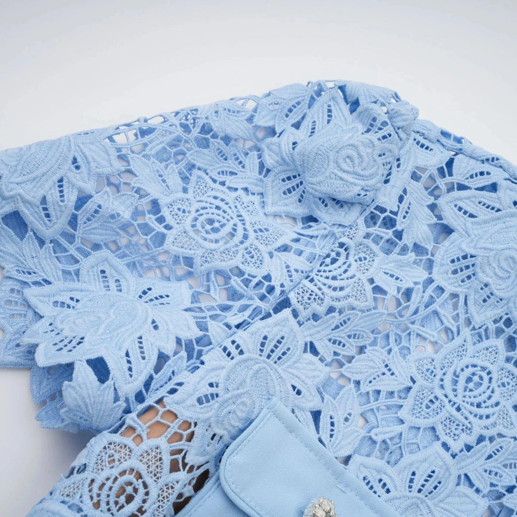 Margherita Mini Dress Blue Floral Appliqu Ruffled & Belted
