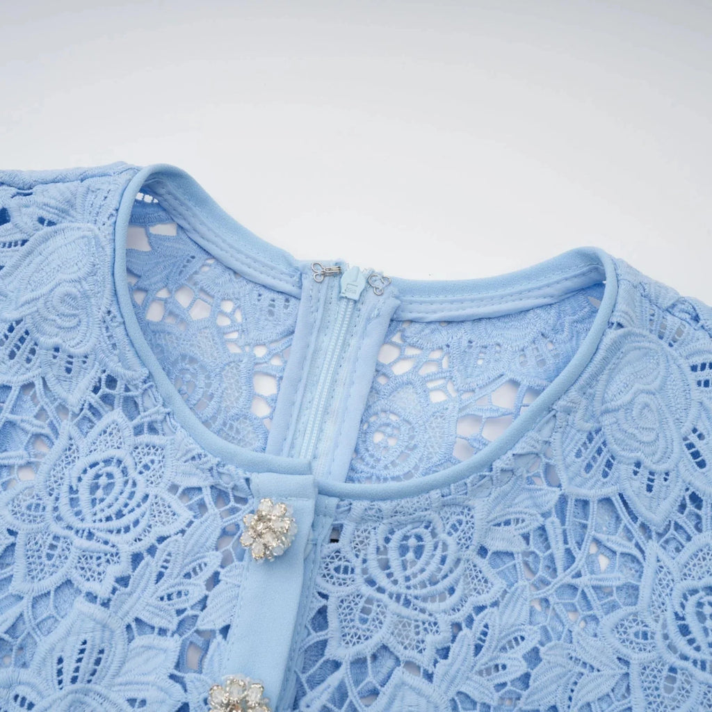 Margherita Mini Dress Blue Floral Appliqu Ruffled & Belted