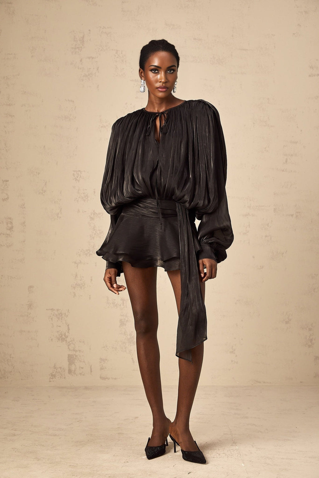 Margherita Mini Dress Twist Design Shoulder Pads Ruffled Hem Glitter