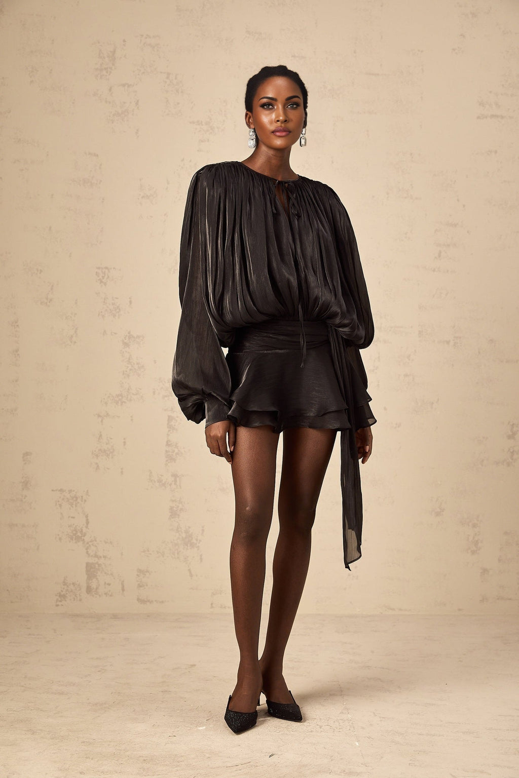 Margherita Mini Dress Twist Design Shoulder Pads Ruffled Hem Glitter
