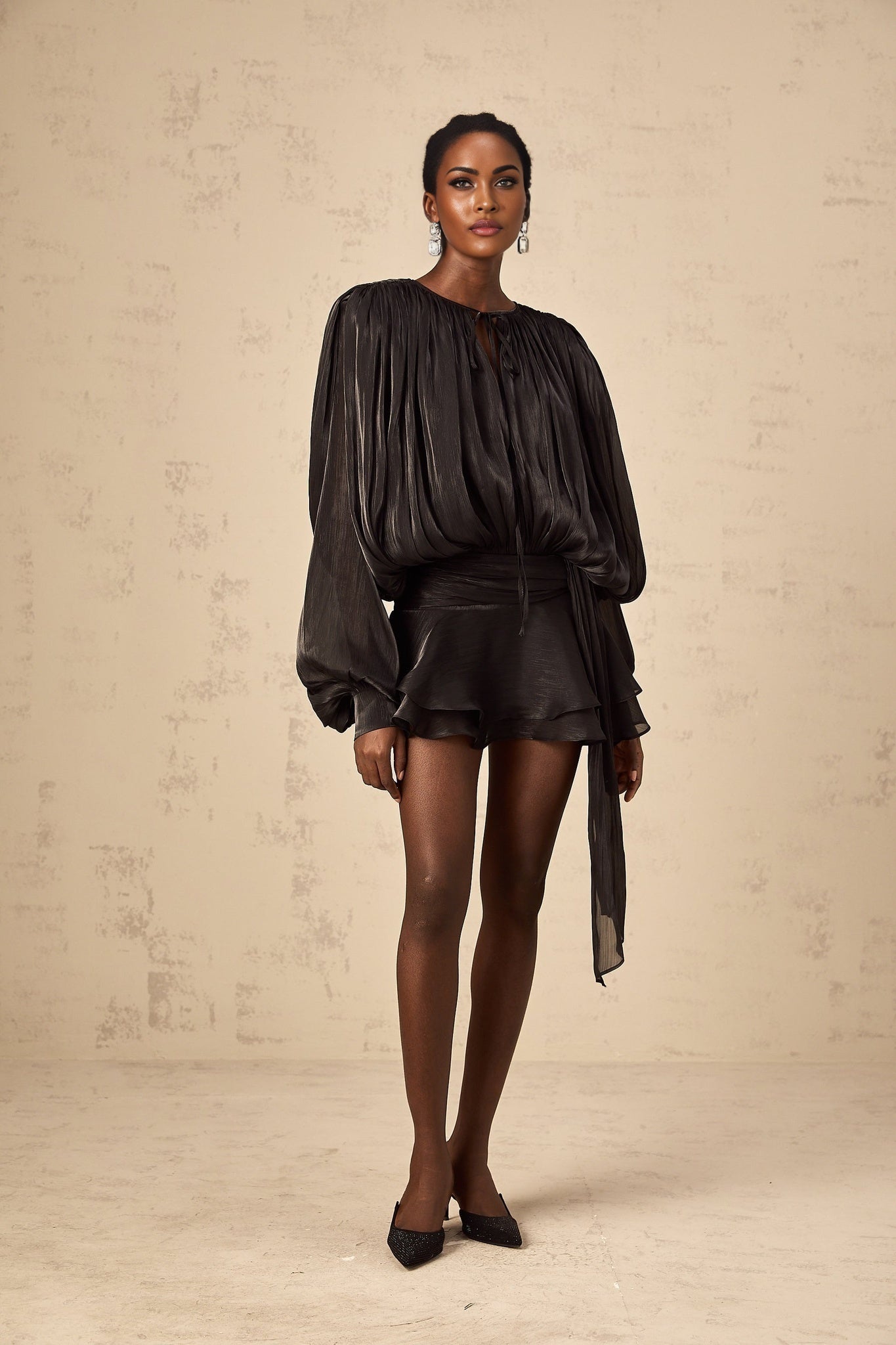 Margherita Mini Dress Twist Design Shoulder Pads Ruffled Hem Glitter
