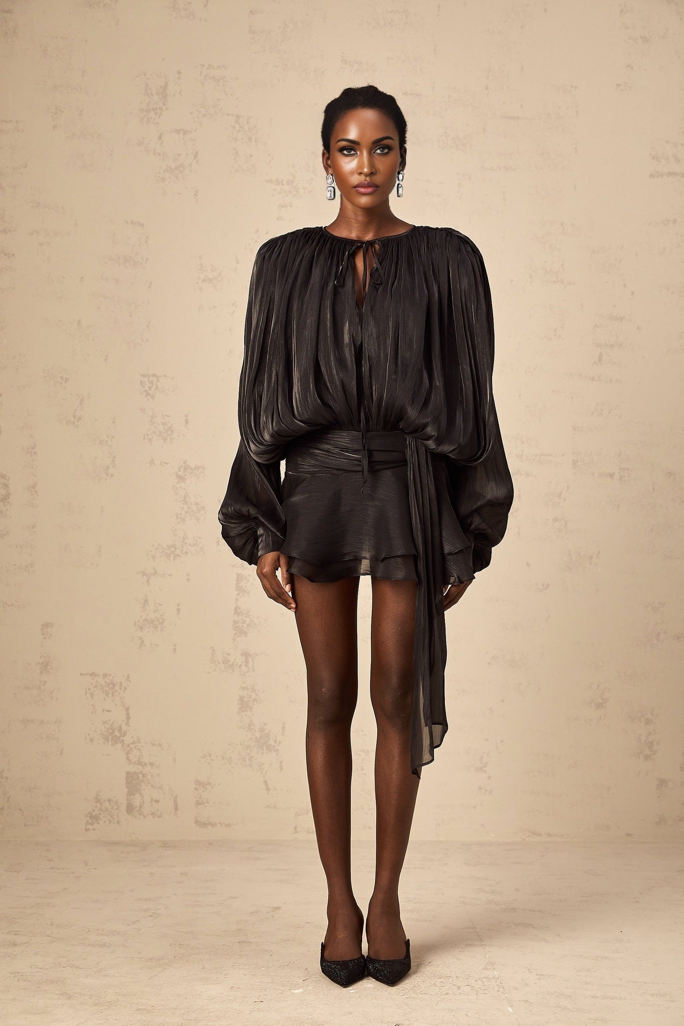 Margherita Mini Dress Twist Design Shoulder Pads Ruffled Hem Glitter