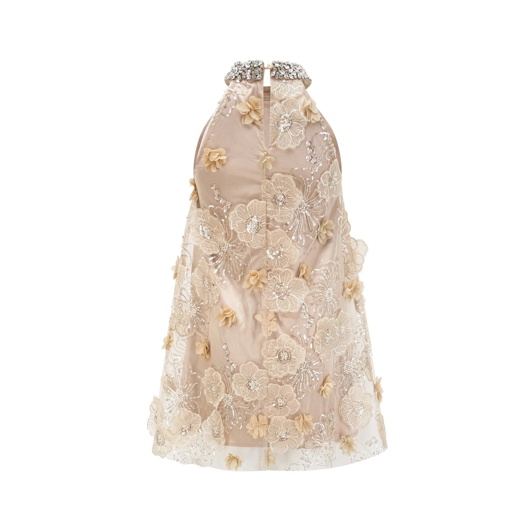 Margherita Mini Dress with Floral Appliqué and Crystal Embellishment
