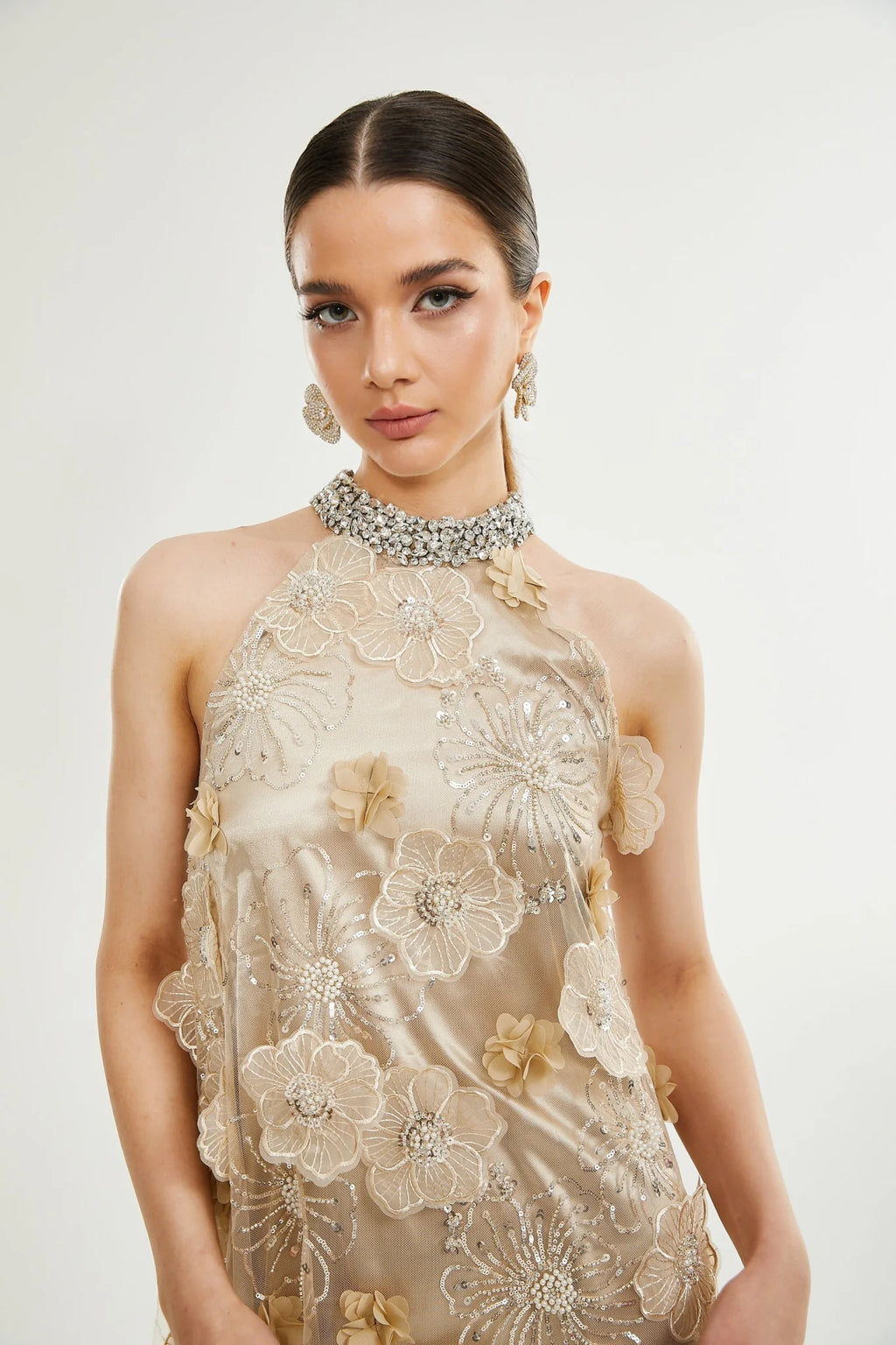 Margherita Mini Dress with Floral Appliqué and Crystal Embellishment