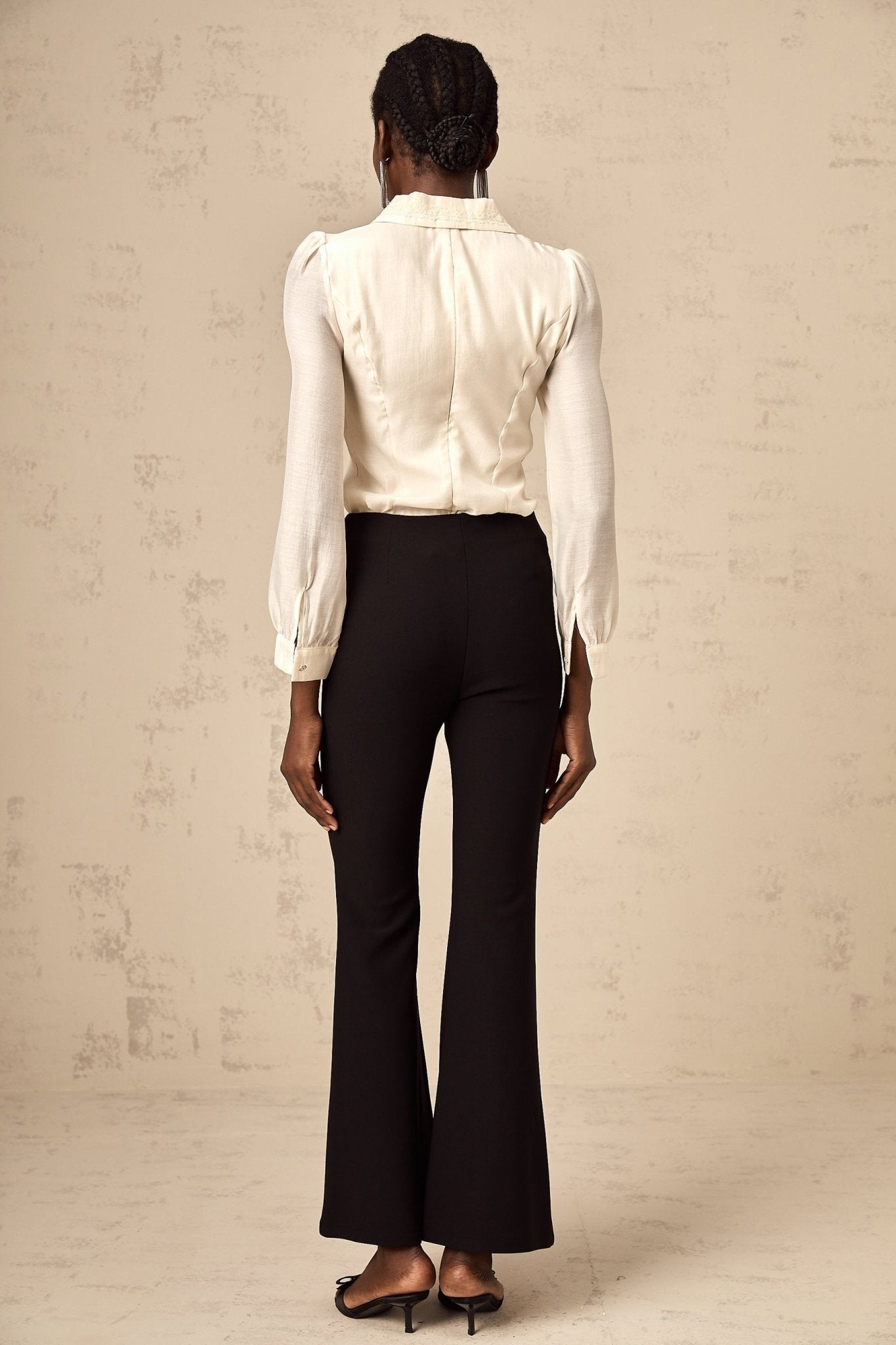 Margherita Trousers Black Studded Bow Flared Hem