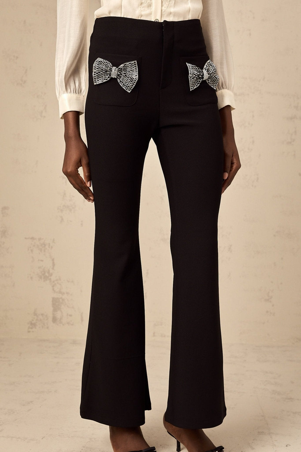 Margherita Trousers Black Studded Bow Flared Hem