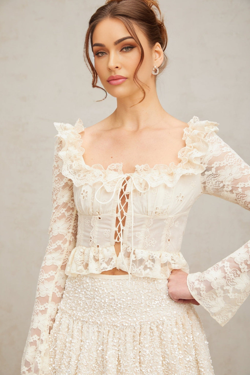 Maria Blouse Offwhite Floral Lace Ruffled Peplum & Self Tie