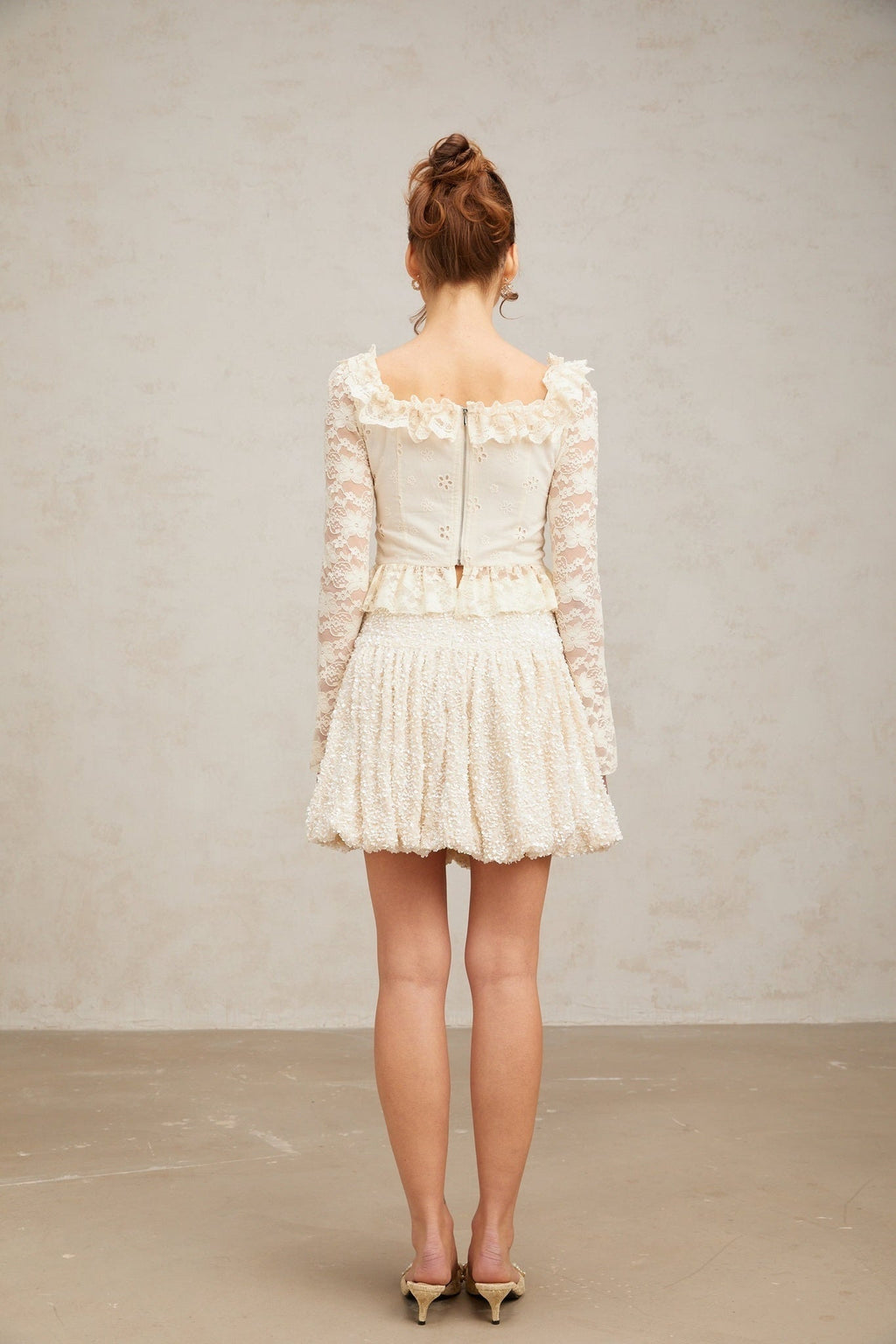 Maria Blouse Offwhite Floral Lace Ruffled Peplum & Self Tie
