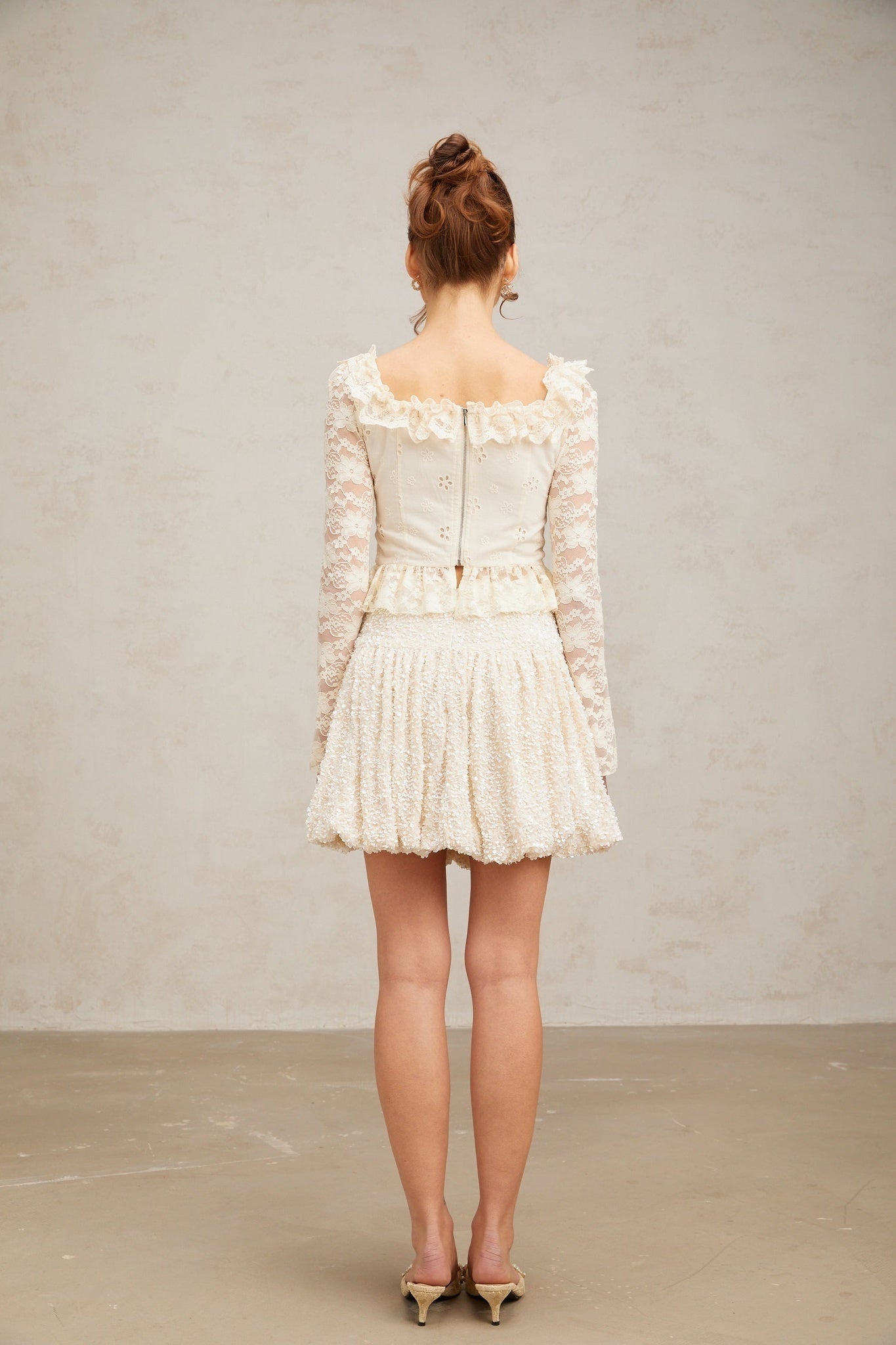 Maria Blouse Offwhite Floral Lace Ruffled Peplum & Self Tie