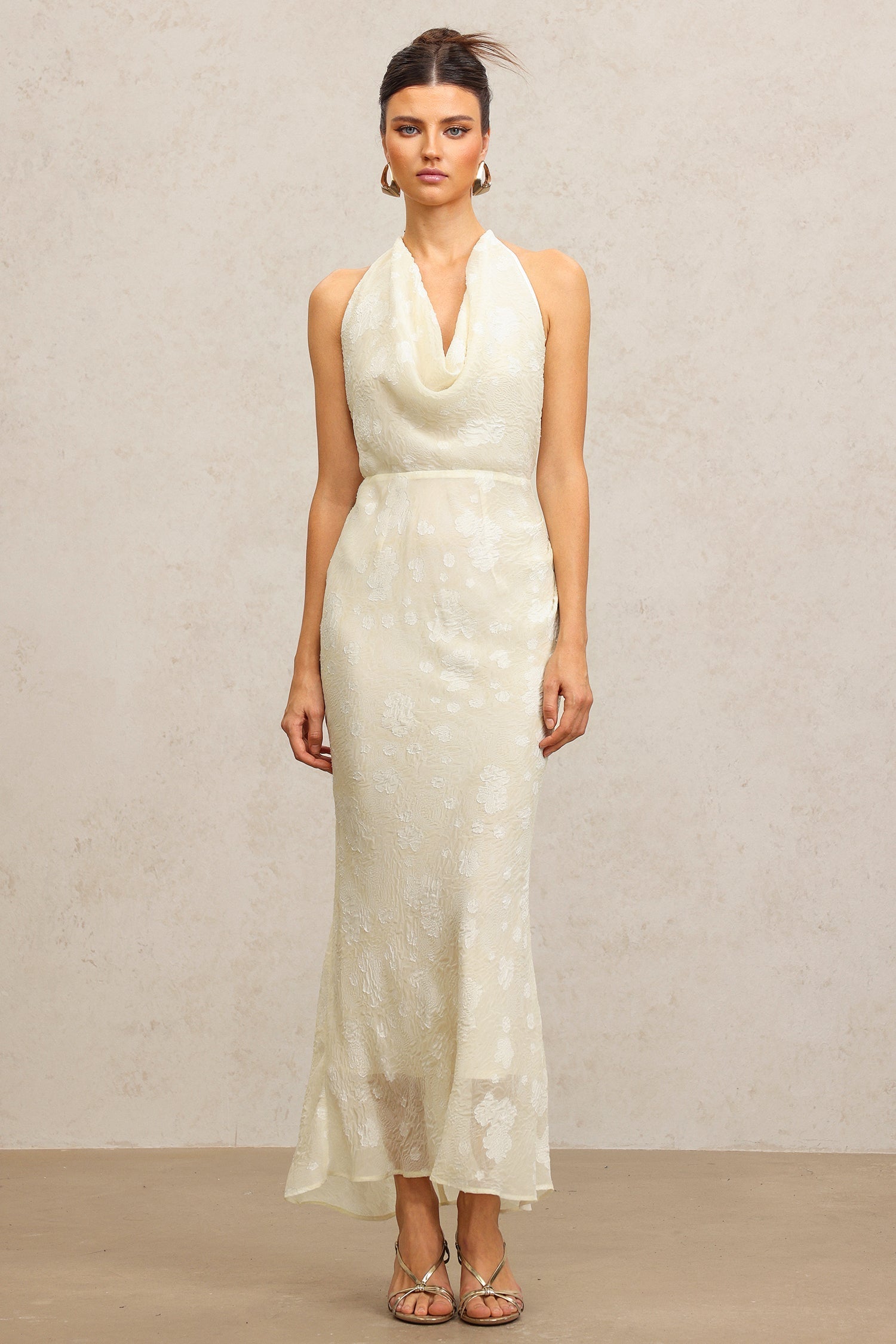 Maria Cream Floral Draped Sleeveless Dress for Special Occasions