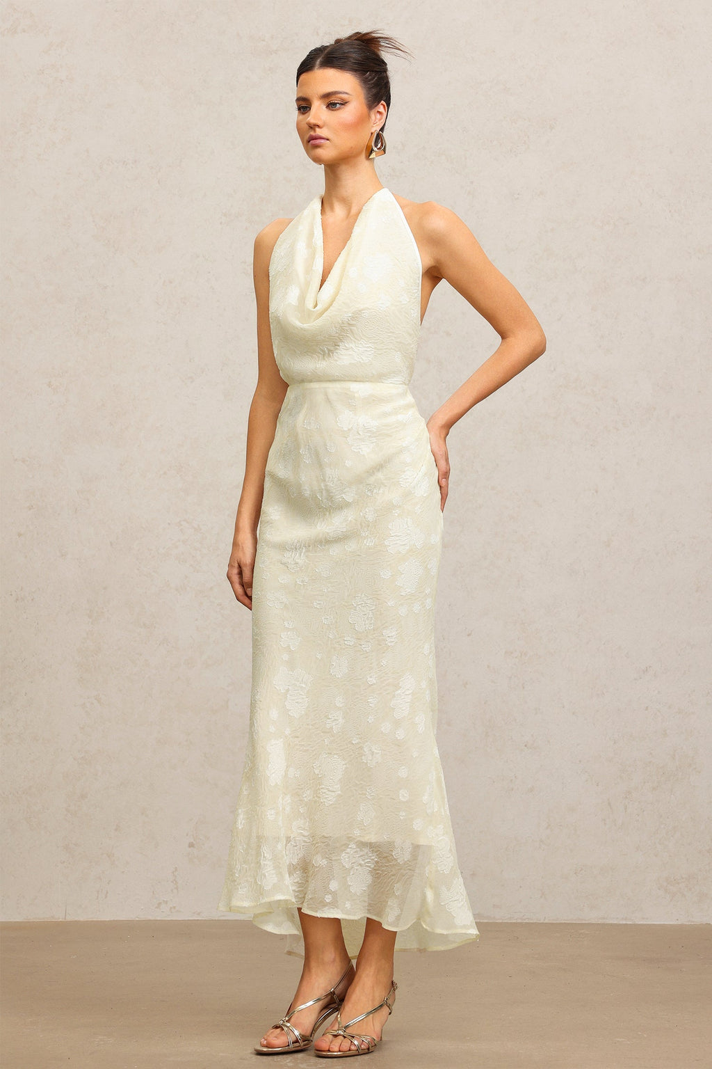 Maria Cream Floral Draped Sleeveless Dress for Special Occasions