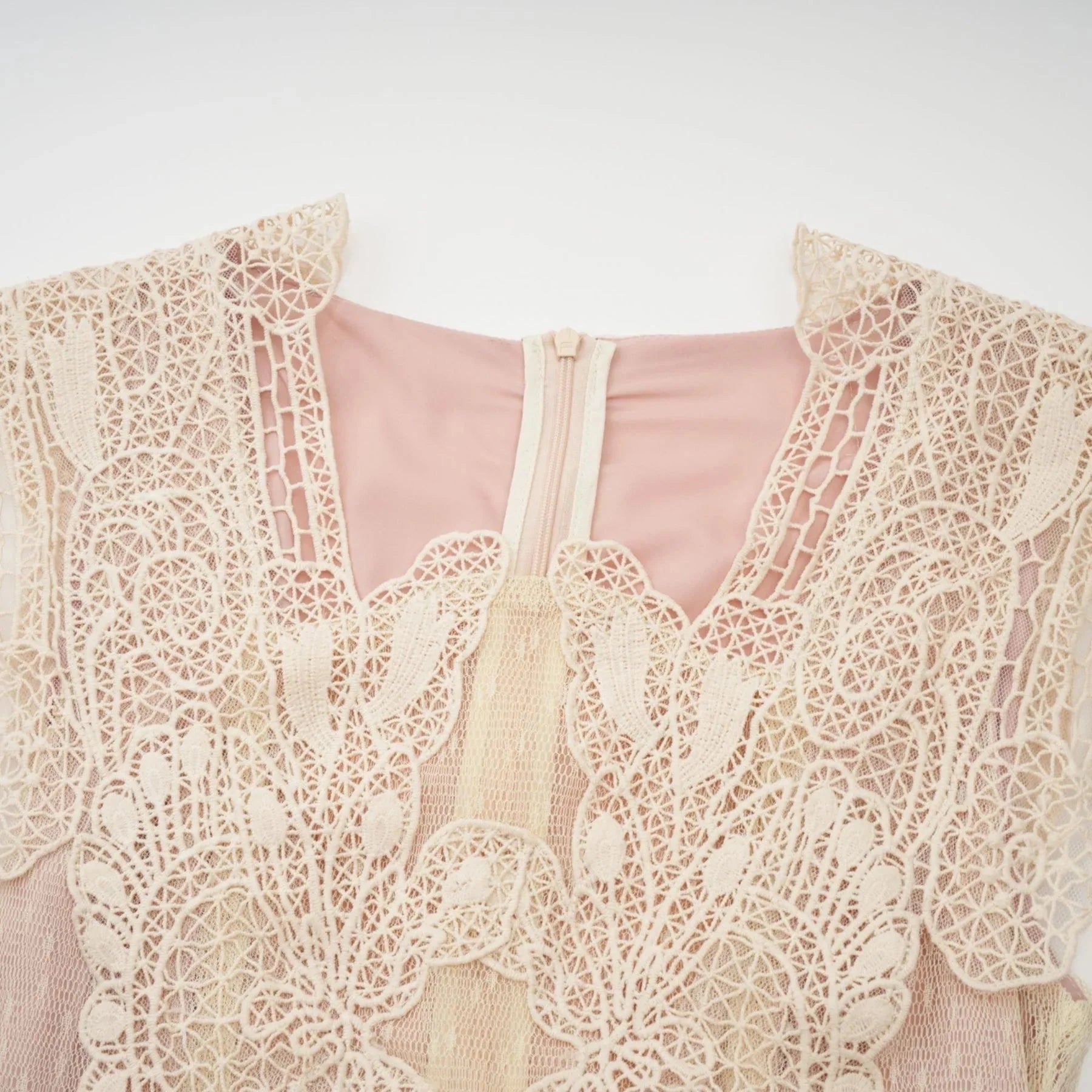 Maria Midi Dress Floral - Lace Paneling Peplum Waist Tulle Neutrals
