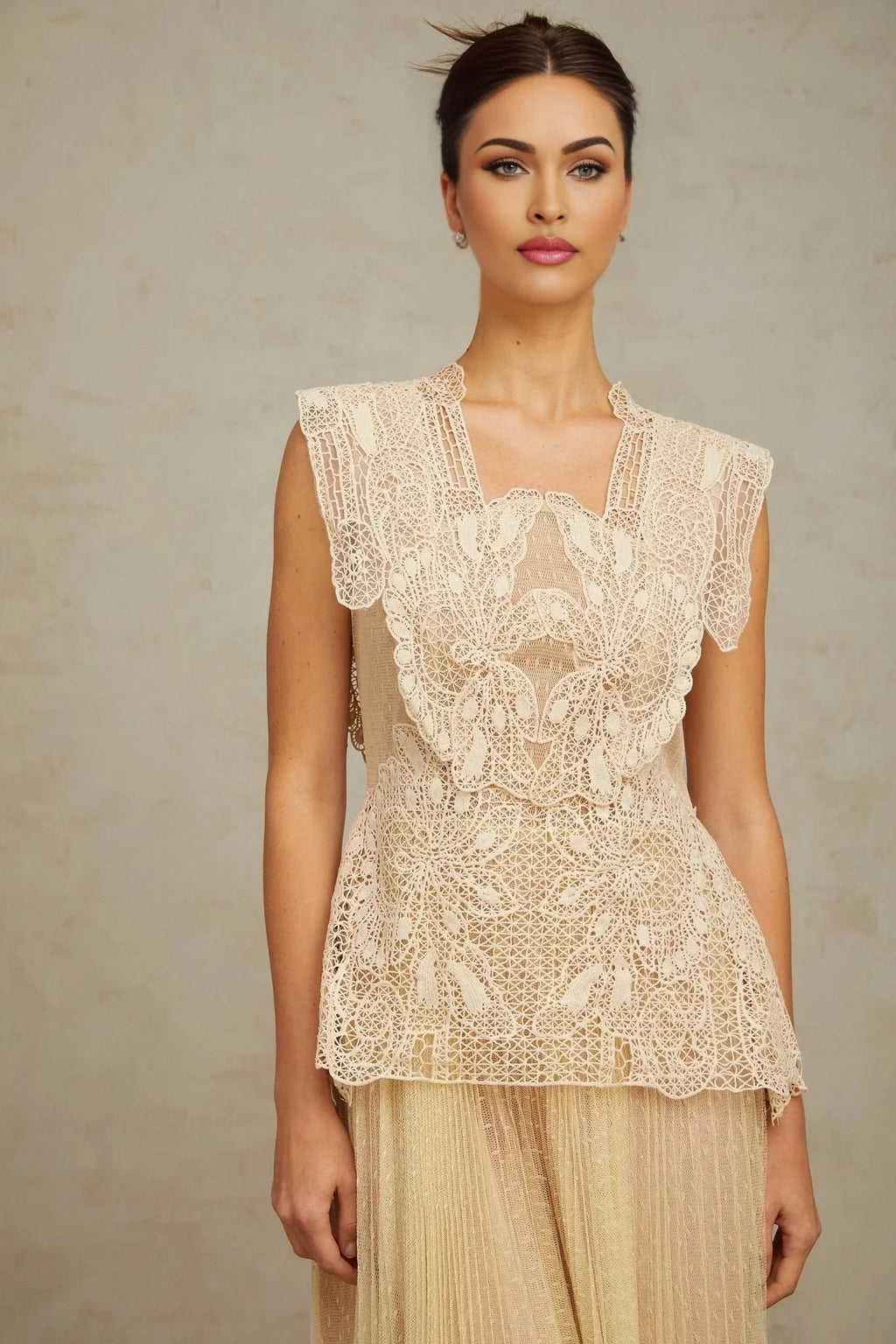 Maria Midi Dress Floral - Lace Paneling Peplum Waist Tulle Neutrals