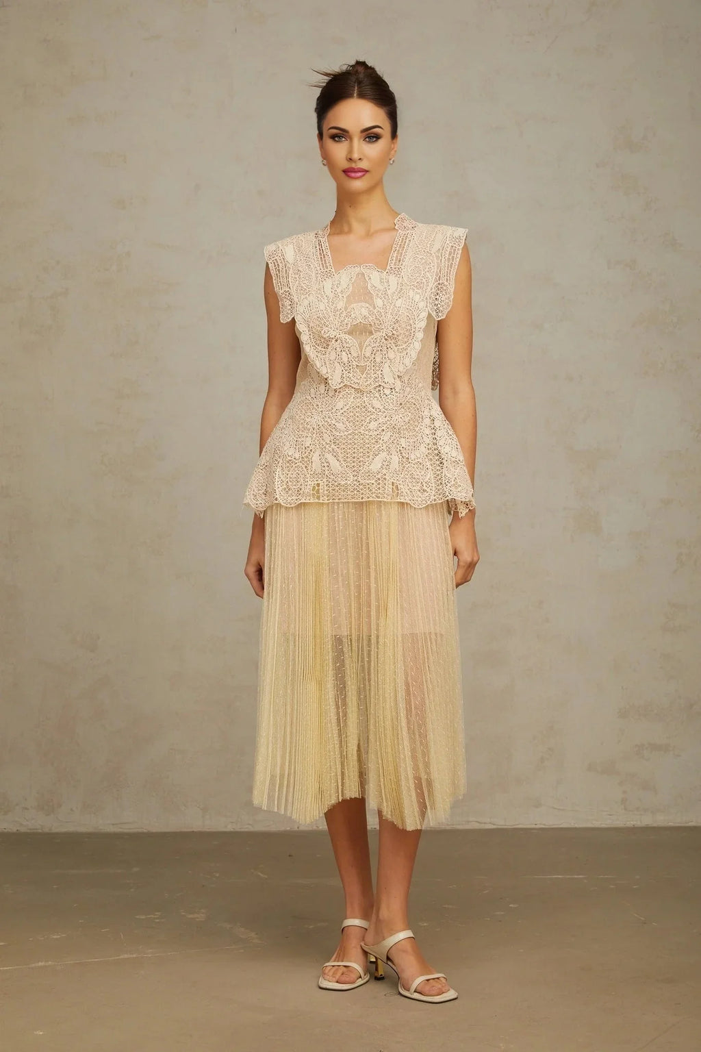 Maria Midi Dress Floral - Lace Paneling Peplum Waist Tulle Neutrals
