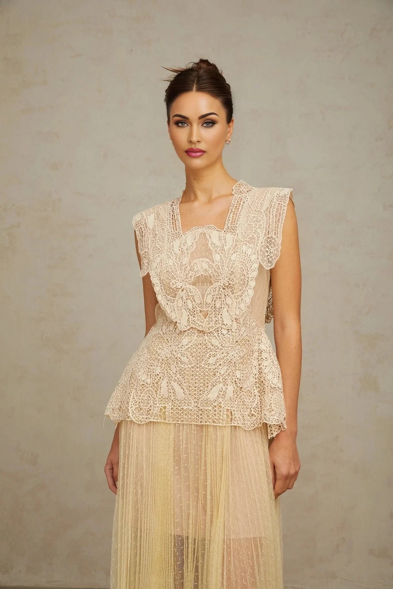 Maria Midi Dress Floral - Lace Paneling Peplum Waist Tulle Neutrals