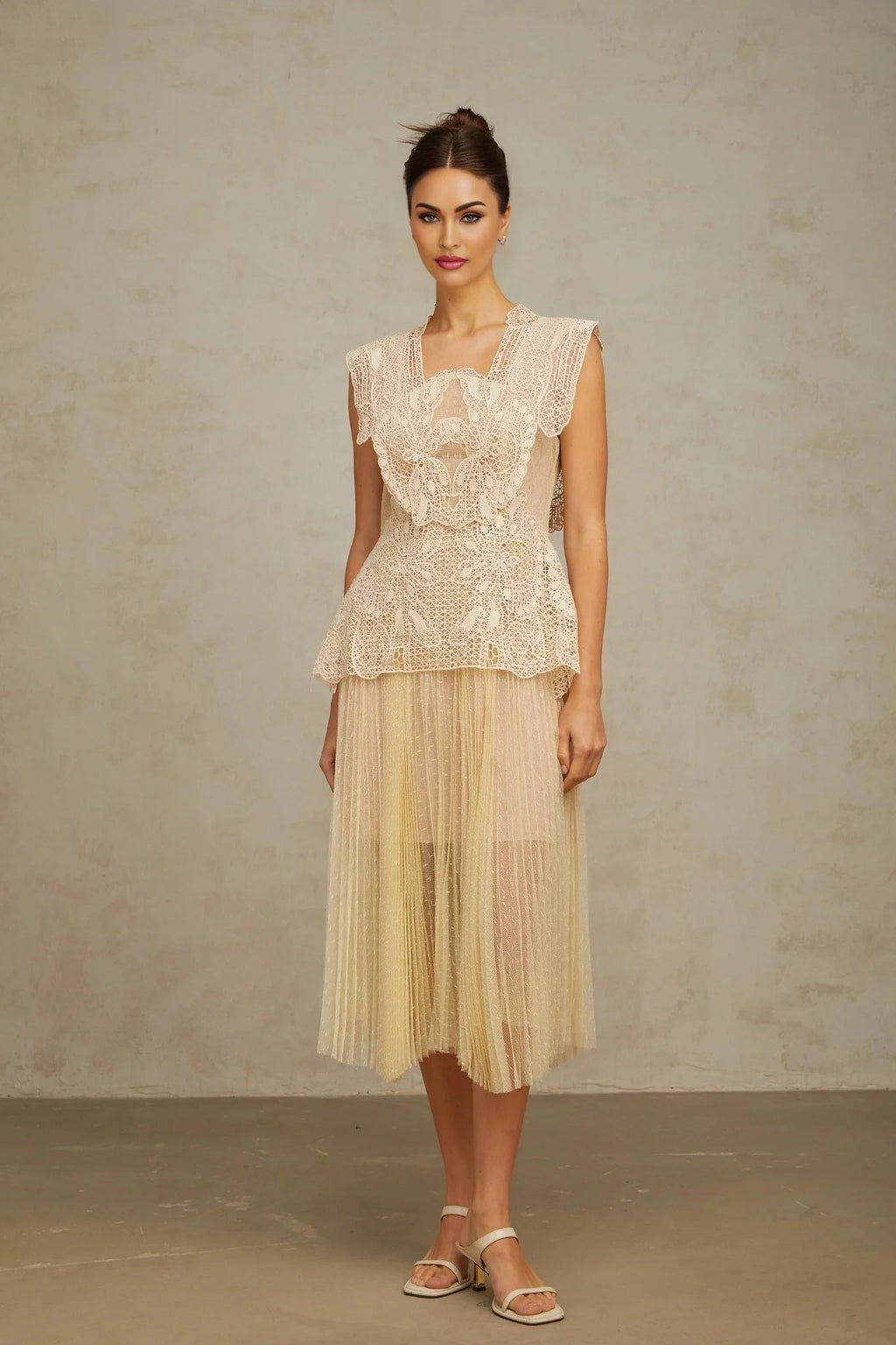 Maria Midi Dress Floral - Lace Paneling Peplum Waist Tulle Neutrals